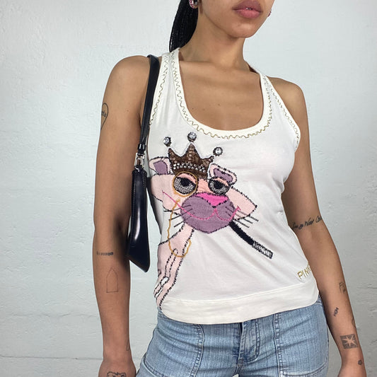 Vintage 2000’s Pinko Downtown Girl White Sporty Cut Tank Top with Pink Panther Cartoon Print (S)