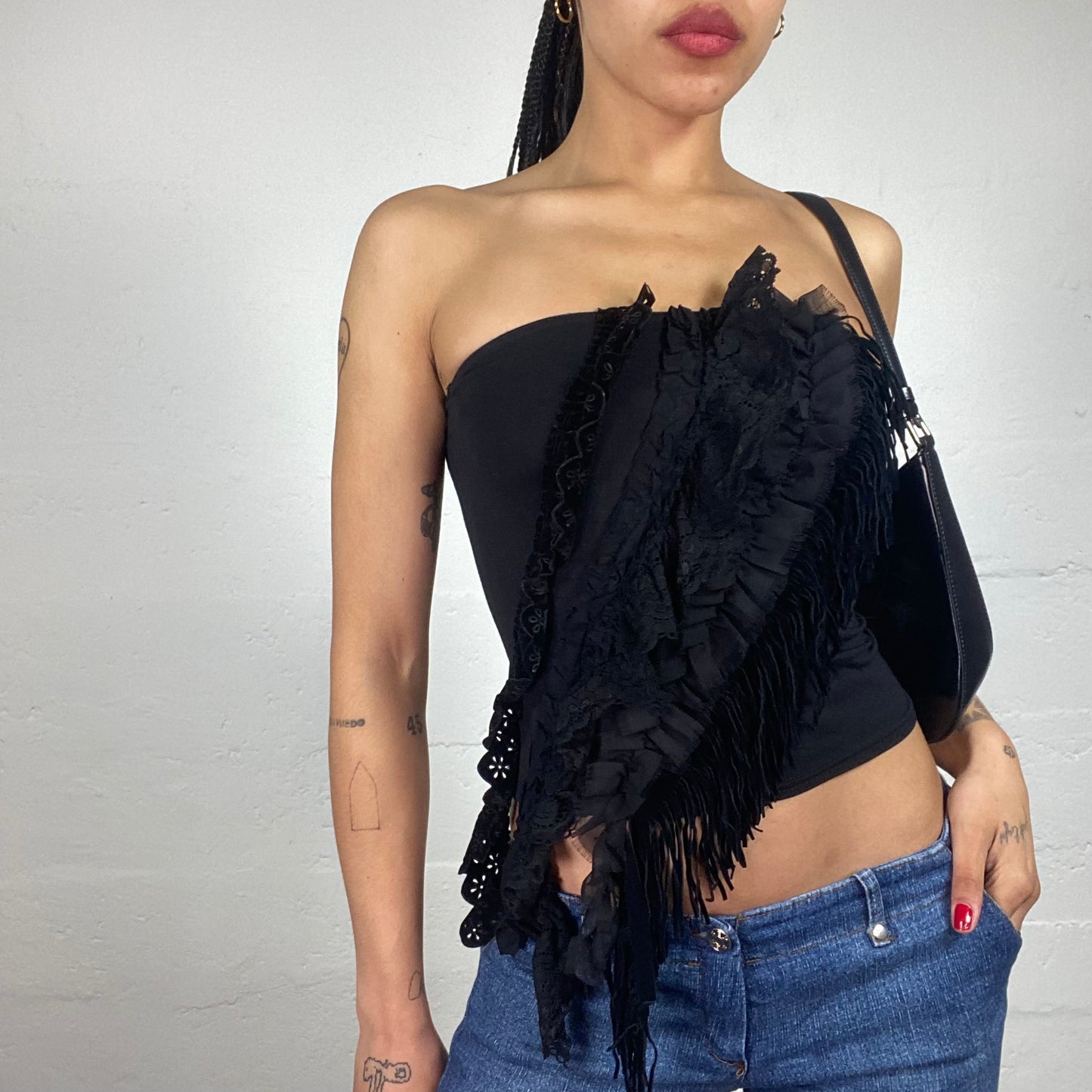 Vintage 2000's Morgan Clubwear Black Tube Top with Ruffled Mesh and Lace Handing Embroidery ang Fringe Detail (S)