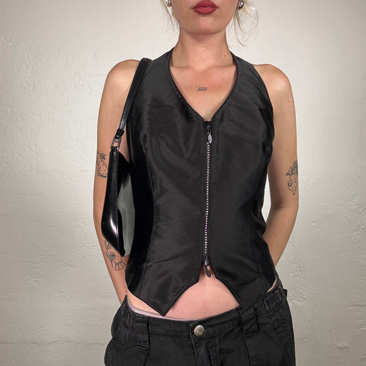 Vintage 2000's Rocker Girl Black Satin Halter Neck Top with Rhinestone Zipper Detail (M)