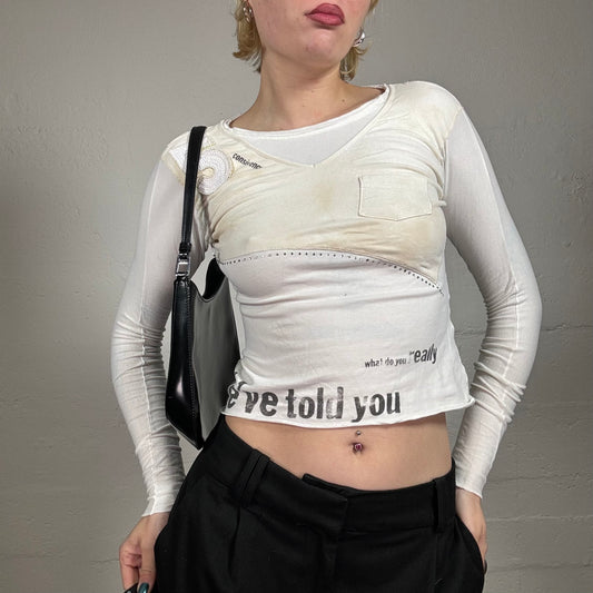 Vintage 2000's Sporty Chic White Longsleeve I’ve Told You Printed Top with Rhinestones (S)