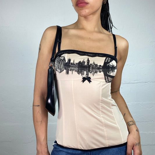 Vintage 2000's Romantic Beige and Black Corset Top with London Print and Back Lacing Up (S)