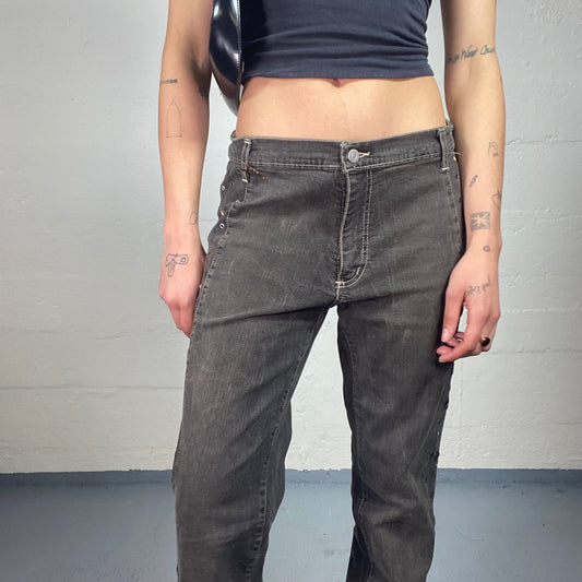 Vintage 2000's Sunday Walk Warm Grey Straight Fit Jeans with Side Eyelet Details (L)
