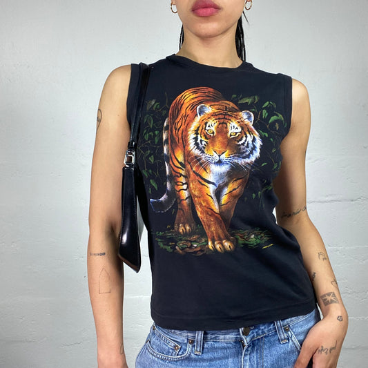 Vintage 2000's Downtown Girl Realistic Tiger Print Black Tank Top (M)