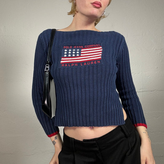 Vintage 2000's Polo Ralph Lauren Downtown Girl Navy Blue Knitted Sweater with Flag Embroidery