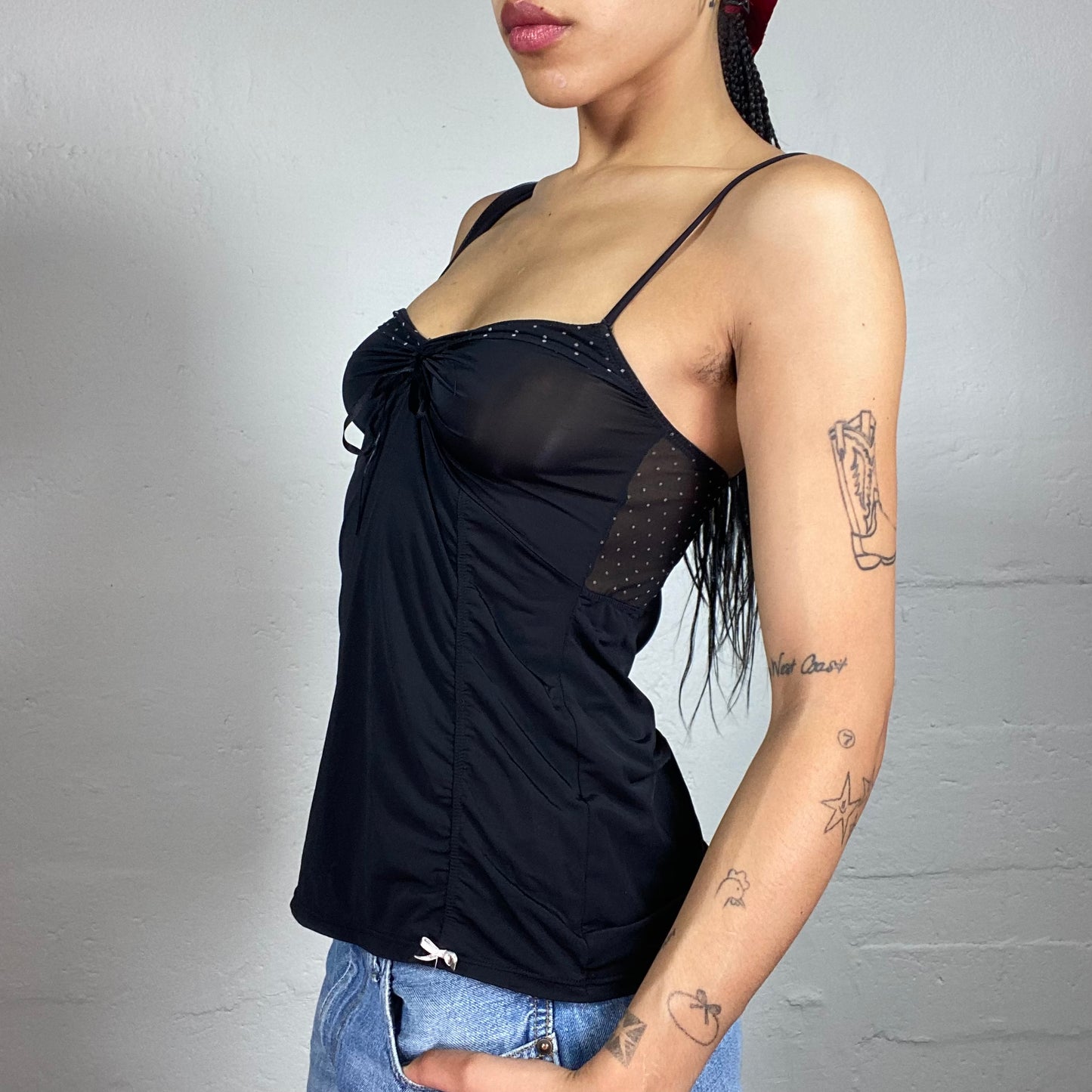 Vintage 2000's Clubwear Black Draped Cami Top with Silky Ribbon Detail (M)