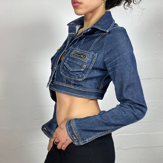 Vintage 2000's Hip-Hop Blue Denim Button Up Cropped Jacket (S)