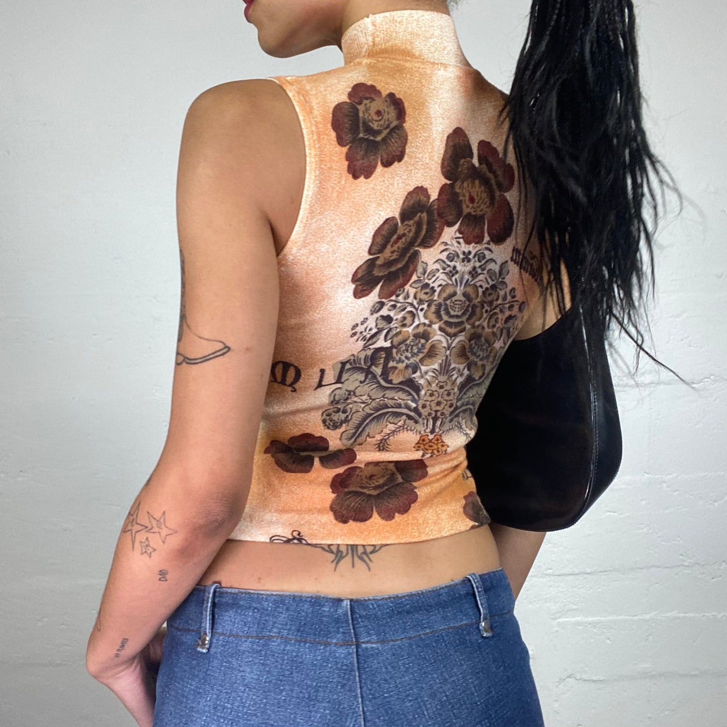Vintage 2000's Romantic Brown and Orange Printed Turtleneck Sleeveless Top with Rhinestone Decor (M)
