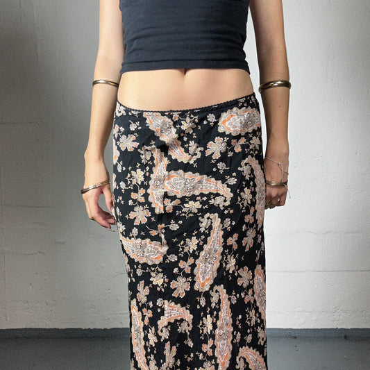 Vintage 2000's Soft Girl Black Midi Chiffon Skirt with Peachy Boho Print (M)