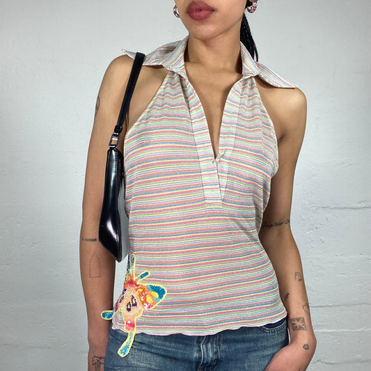 Vintage 2000's Miss Sixty Soft Girl Cream Mesh See Through Glitter Striped Collared Neckholder Top (M)
