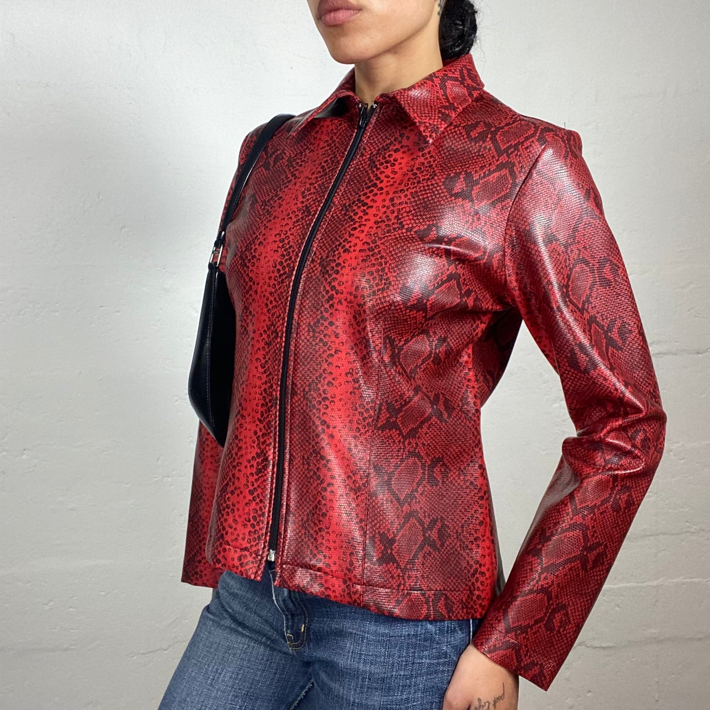 Vintage 2000's Downtown Girl Blood Red Snake Skin Effect Zip Up Jacket (L)