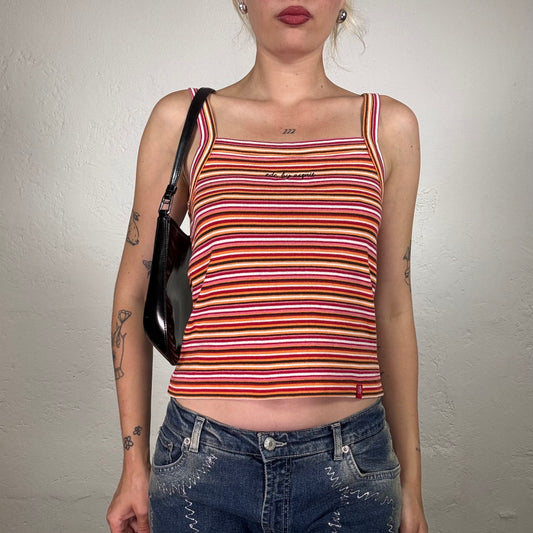 Vintage 90's Surfer Girl Pink and Orange Tones striped Top with Small Brand Embroidery Detail (XS)