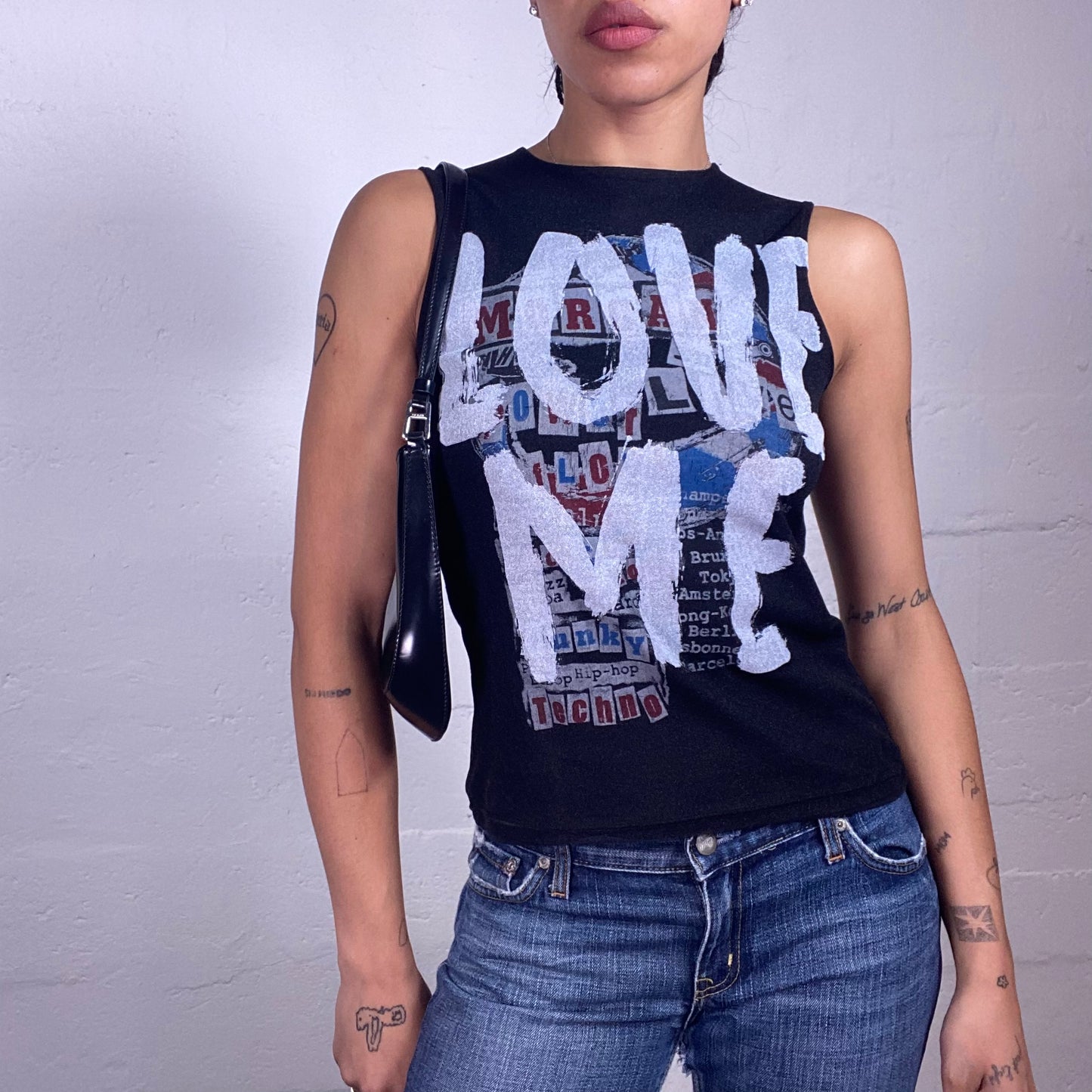 Vintage 2000's Morgan Downtown Girl Black Tank Top with Love Me White Typo Print (S)