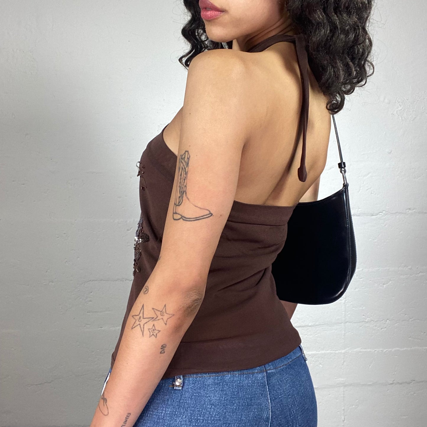 Vintage 2000's Summer Date Brown Jersey Neckholder Top with Multiple Floral Sequins Embroidery (XL/XXL)