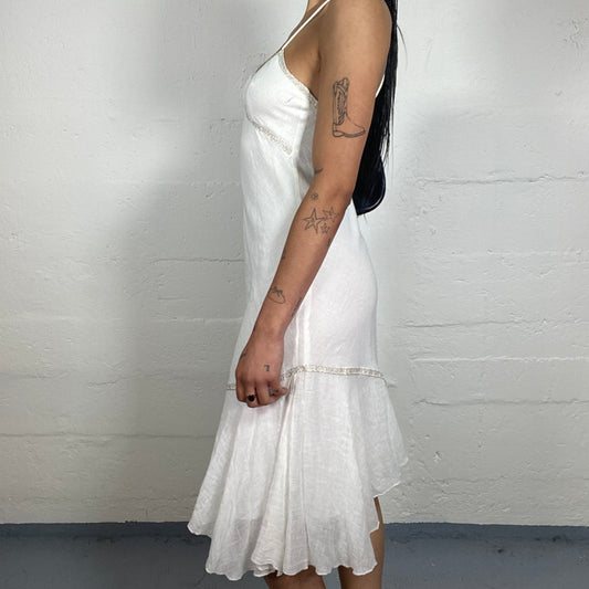 Vintage 2000's Summer Feminine White Flowy Midi Cami Dress with Open Back and Bottom Draping (S)