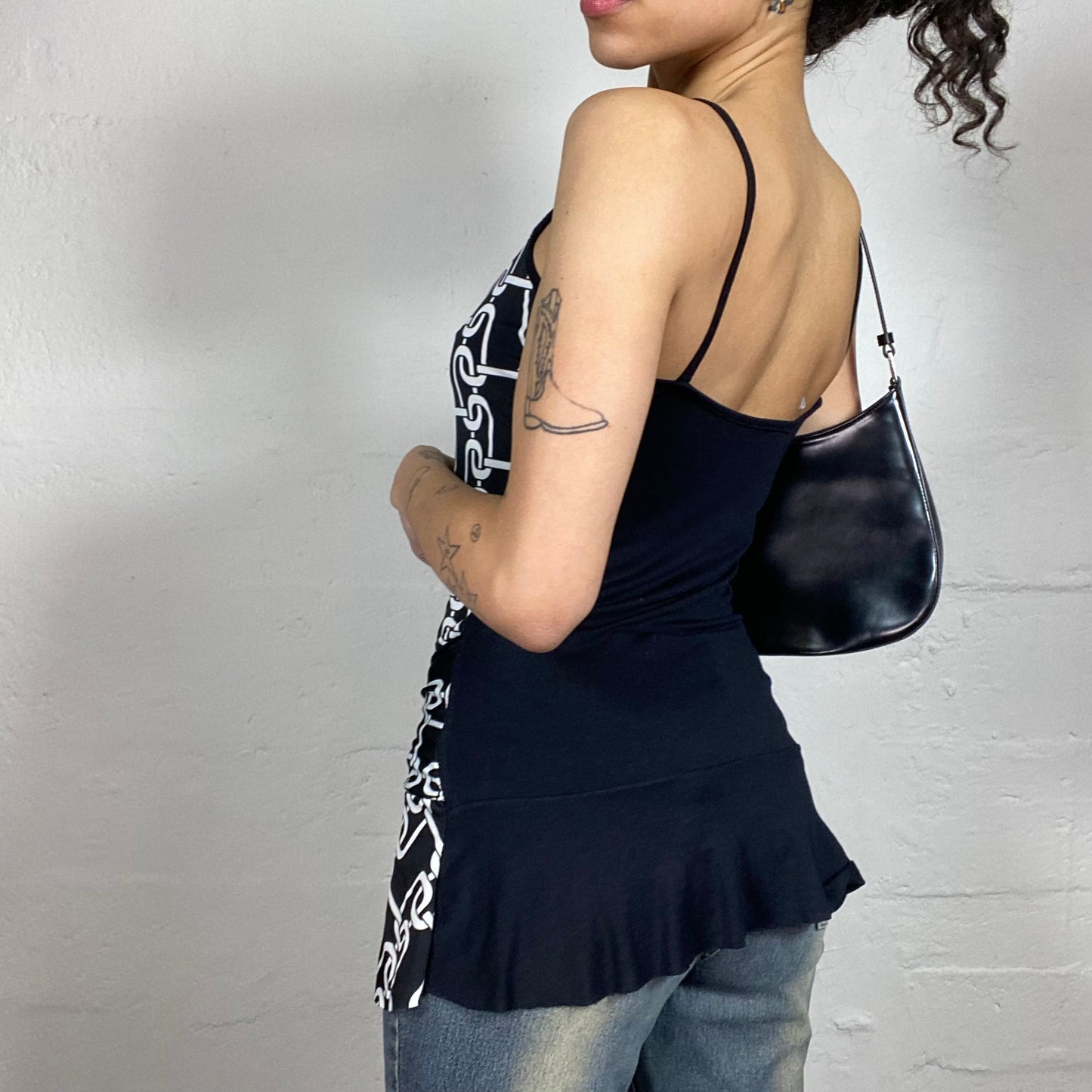 Vintage 2000's Glamorous Black Dress Style Cami Top with White Futuristic Print (S)