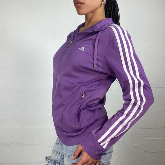 Vintage 2000’s Adidas Purple Classic Zip Up Pullover with White Sleeve Stripes and Logo Print (M)
