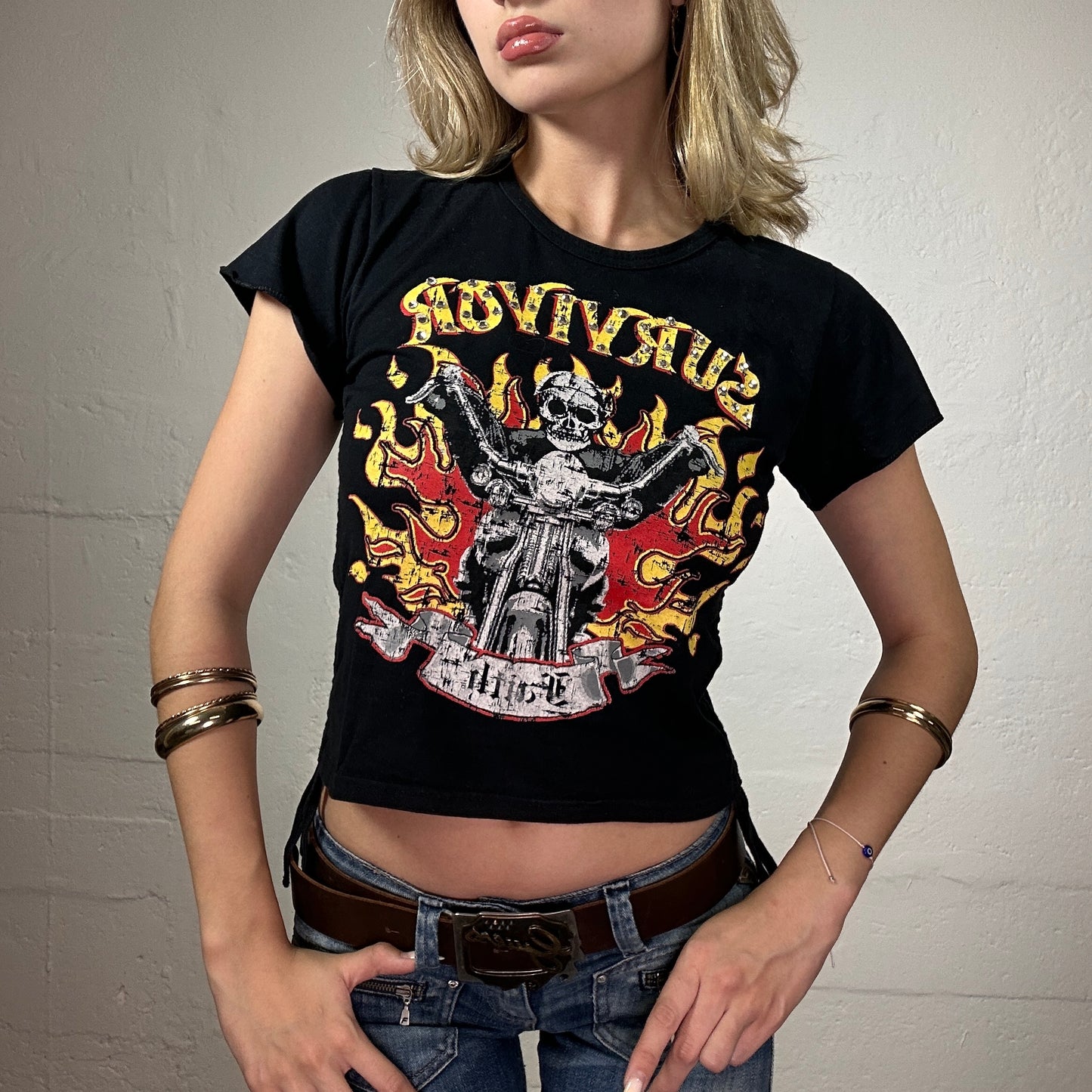 Vintage 2000's Biker Girl Black Sude Rubbered Baby Tee with Yellow Toned Vintage Print (S)