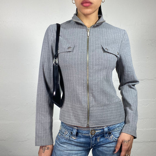 Vintage 2000's Office Girl Light Grey Striped Zip Up Jacket with Golden Furniture (M)