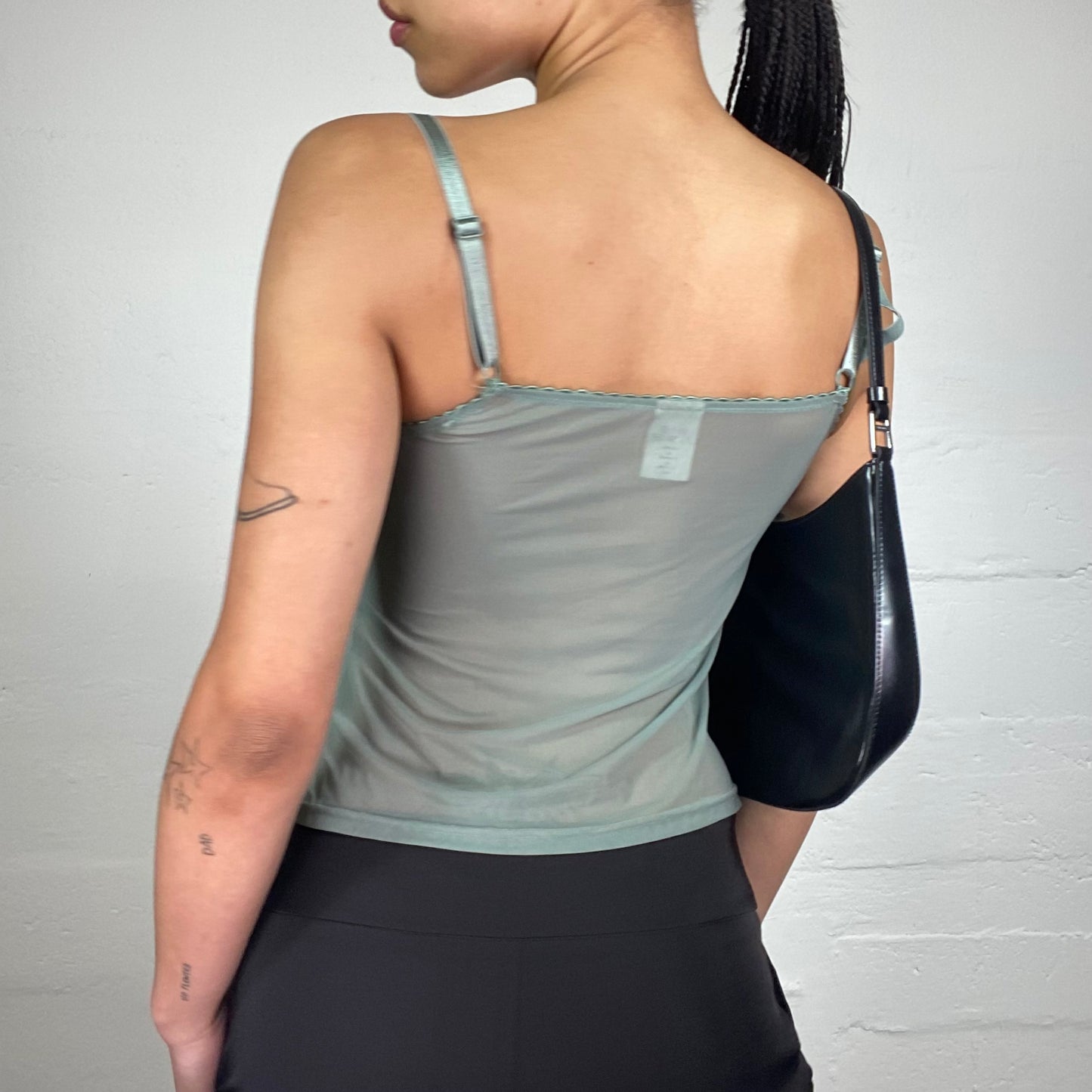 Vintage 2000's Romantic Green Mesh See Through Cami Top with White Embroidery Trim (M)