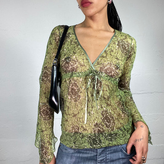 Vintage 2000's Boho Girl Forest Green Chiffon Light Printed Longsleeve Shirt with Wrapped Up Bra (M)