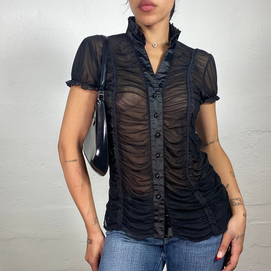 Vintage 2000's Chic Black Mesh See Through Ruffled Button Up Shirt with Coquette Sleeves (L)