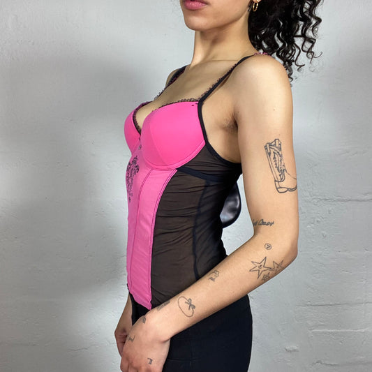 Vintage 2000's Pink and Black Lingerie Style Top with Logo Print and Mesh Details (S)