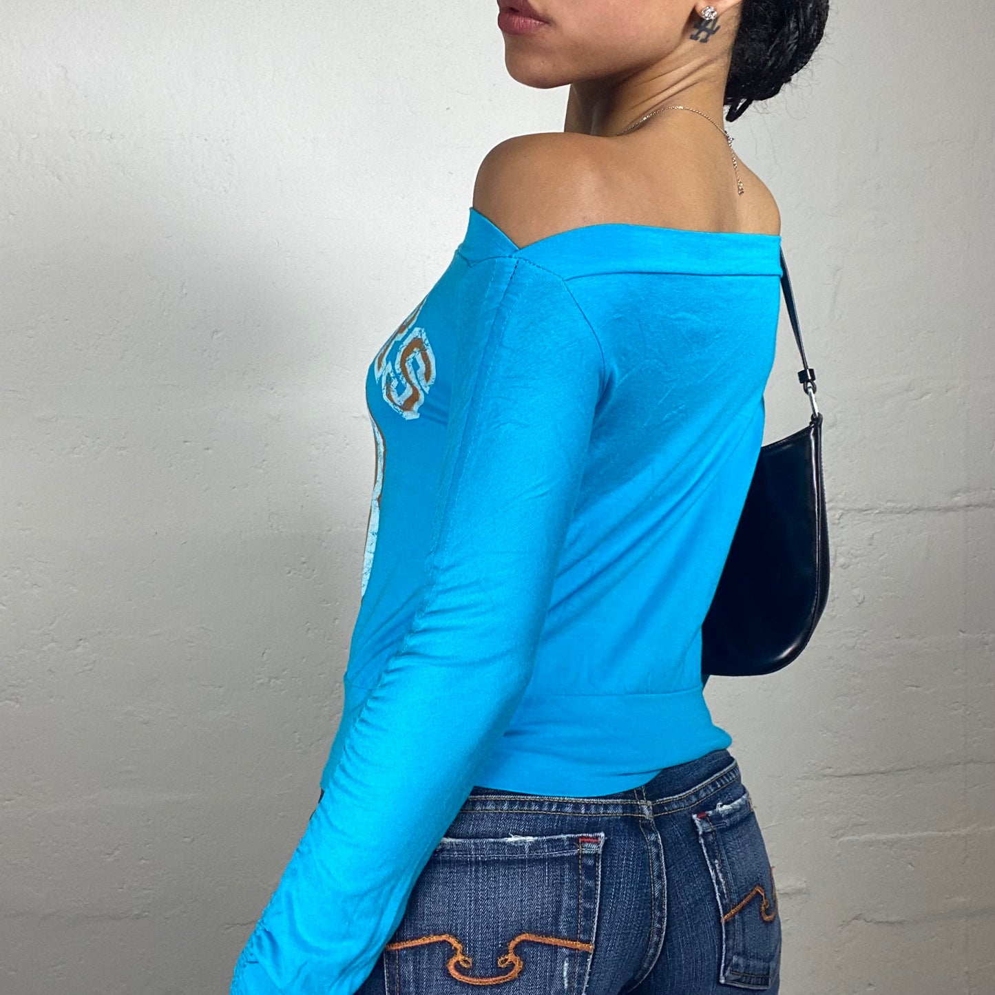 Vintage 2000's Cute Aquamarine Blue Off Shoulder Longsleeve Top with Teddy Bear Print and Ruffled Silky Stripes Decorated Sleeves (M)