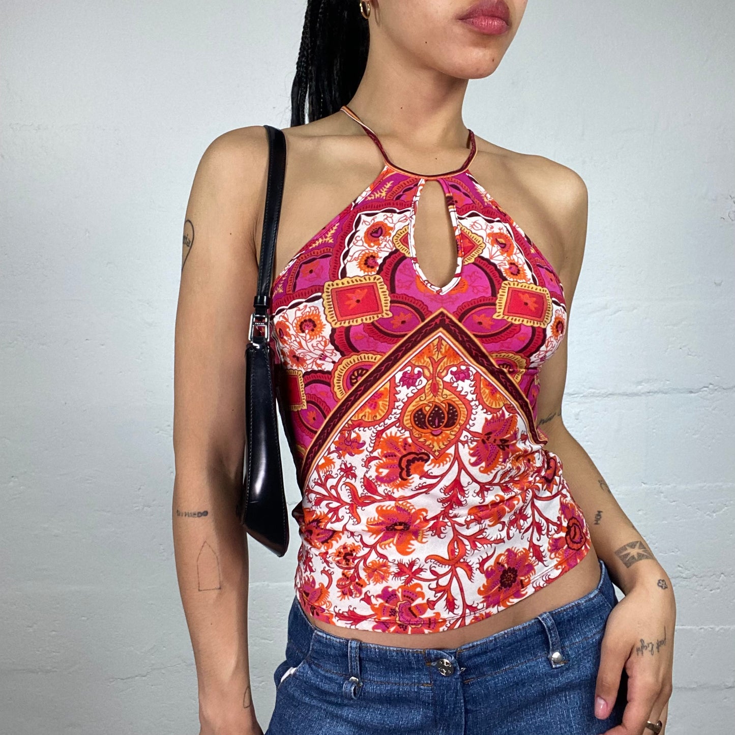 Vintage 2000's Morgan Summer Boho Red and Pink Abstract Floral Print Neckholder Top with Back Cross Binding (S)