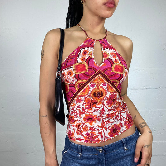 Vintage 2000's Morgan Summer Boho Red and Pink Abstract Floral Print Neckholder Top with Back Cross Binding (S)