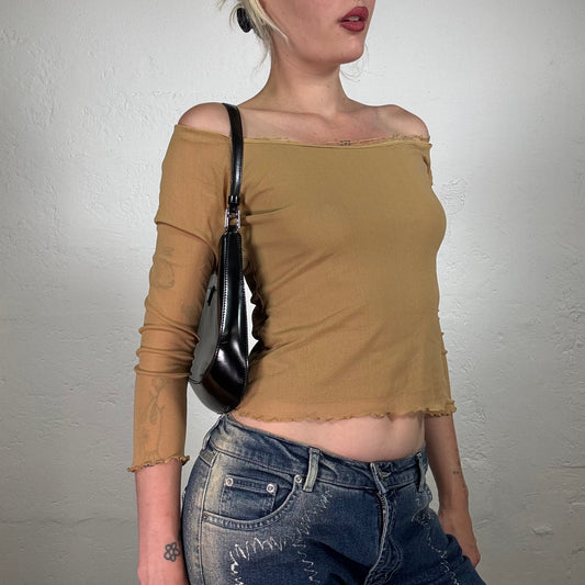 Vintage 2000's Downtown Girl Beige Mesh Off Shoulder Longsleeve Top (S)