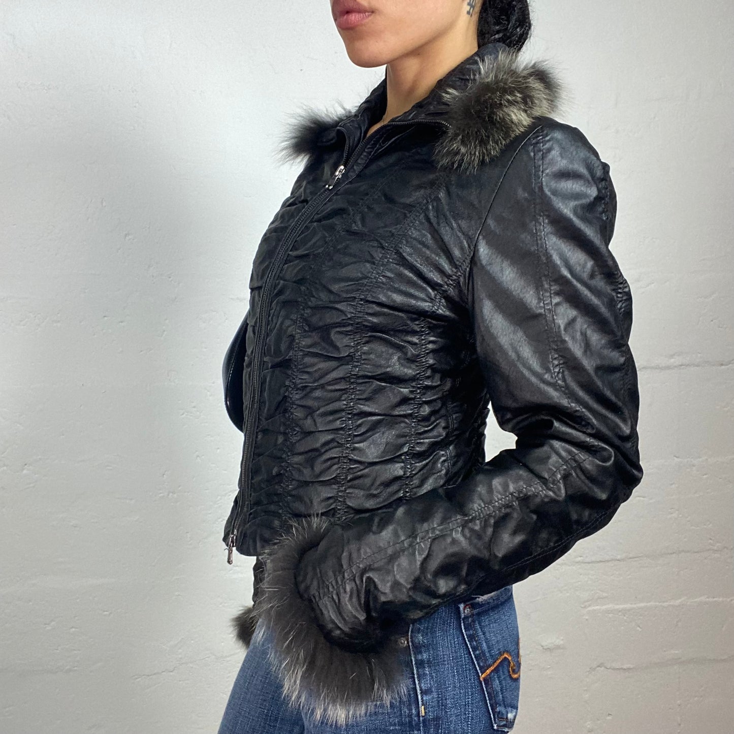 Vintage 2000's Downtown Girl Black Textured Leather Effect Zip Up Jacket with Fur Trim (S)