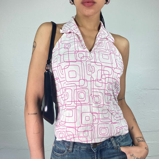 Vintage 2000's Downtown Girl White Collared Zip Up Neckholder Top with Pink Geometric Print (S)