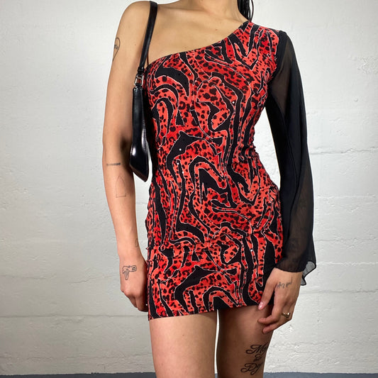 Vintage 2000's Cowgirl Black and Red Asymmetric One Shoulder Mini Dress with Abstract Print and Sequin Details (S/M)