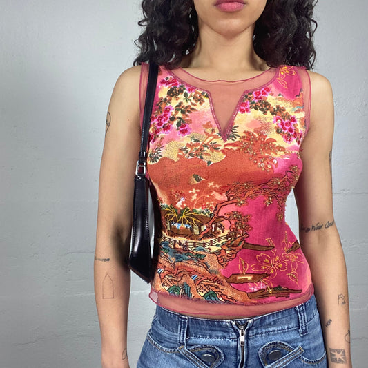 Vintage 2000's Boho Girl Pink and Orange Printed Tank Top with Mesh Detail (S)