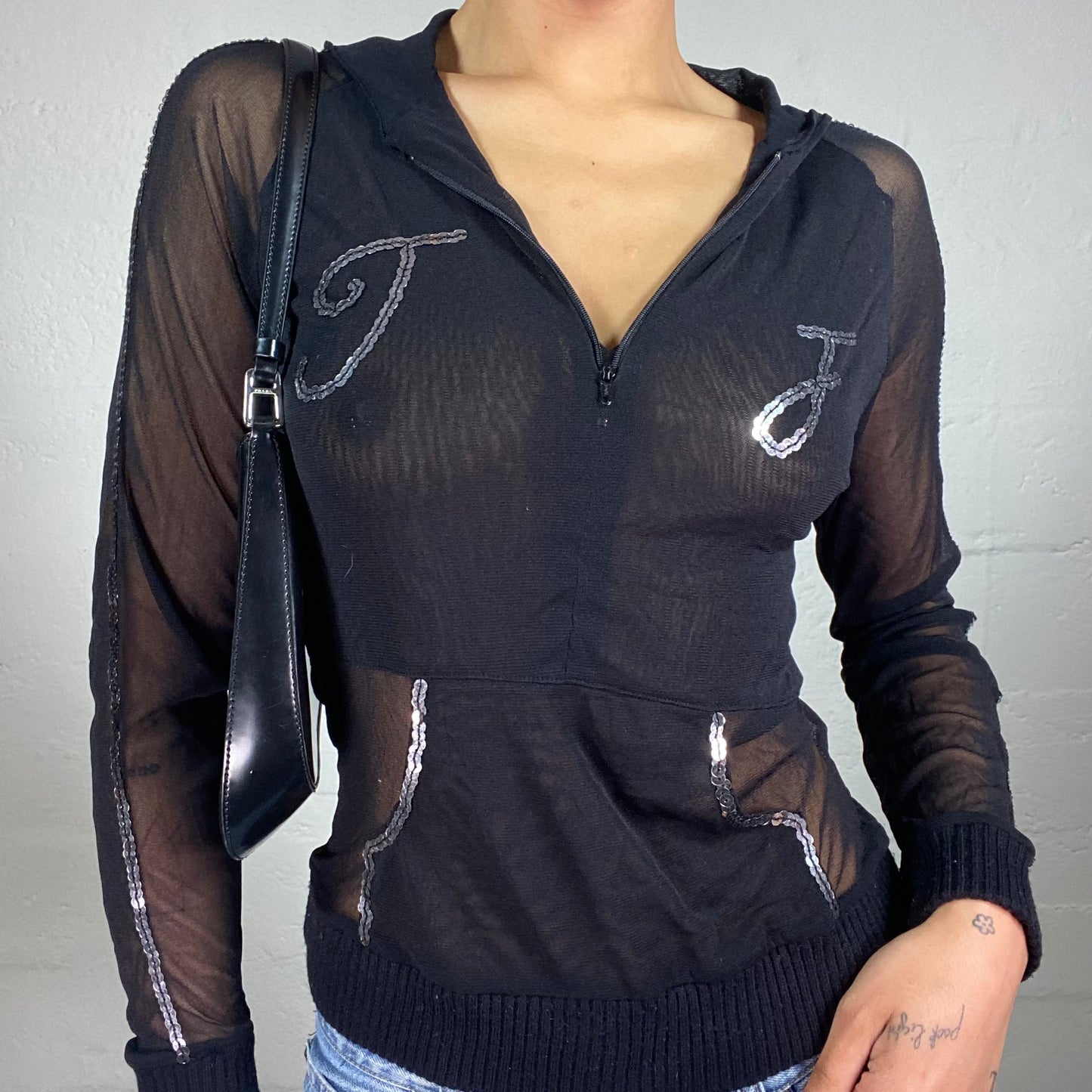Vintage 2000's Glamorous Black Mesh Details Zip Up Hooded Top with Silver Sequin Embroidery (S/M)