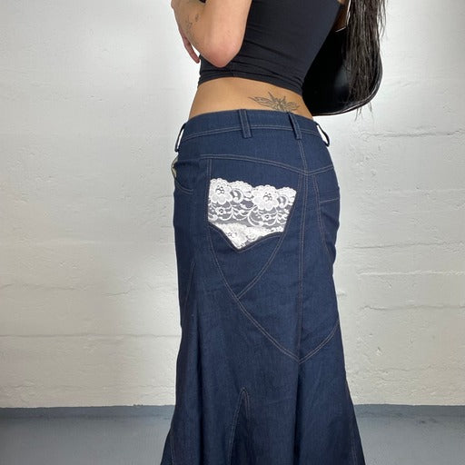 Vintage 90’s Soft Girl Blue Denim Maxi Skirt with White Lace Detail (42)