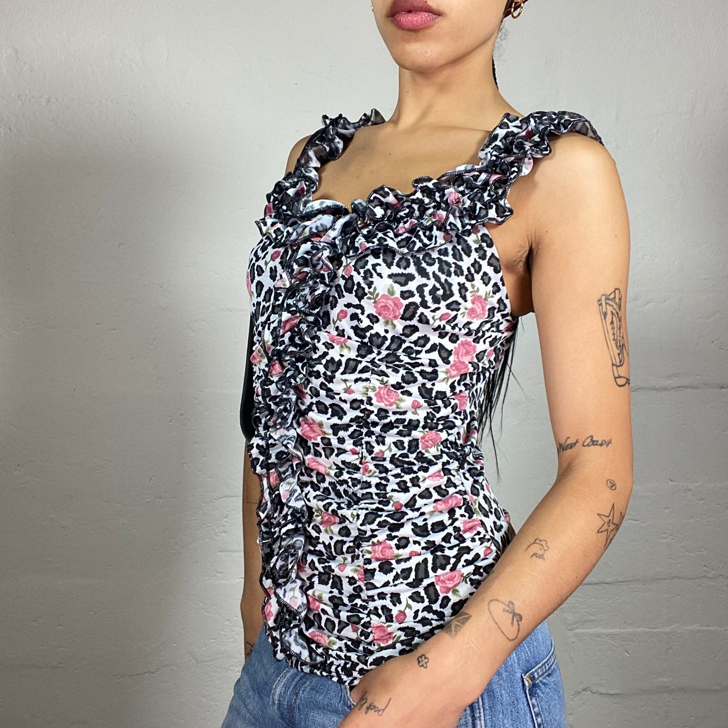 Vintage 2000's Romantic Animal Print Ruffled Decorated Cami Top with Pink Flowers Details (S)