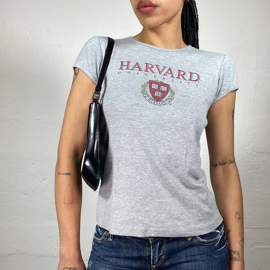 Vintage 2000's School Girl Light Grey Baby Tee with Harvard Red Print (S)