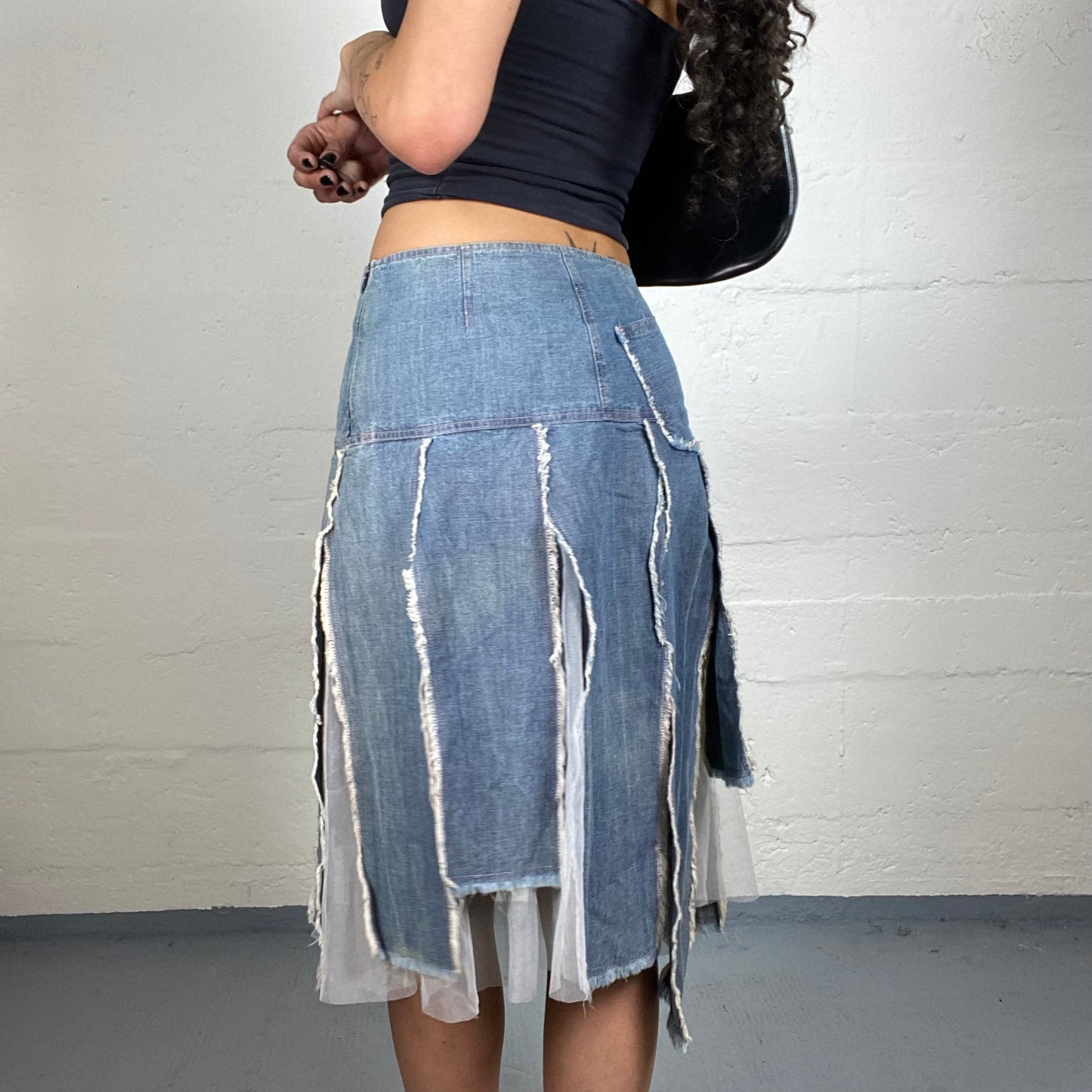 Vintage 2000's Downtown Girl Light Denim Cut Open Trim Midi Skirt (M)