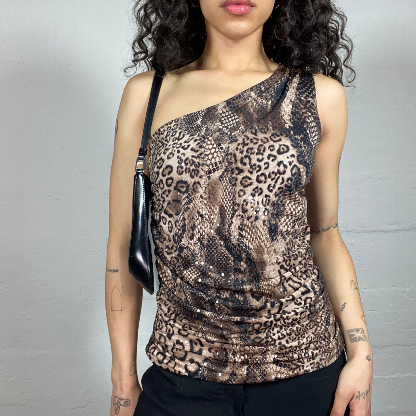 Vintage 2000's Cheetah Girl Draped Brown Animal Print One Shoulder Top (S)