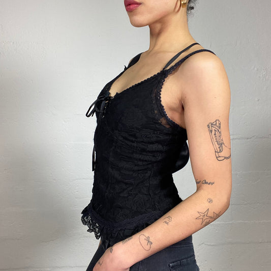 Vintage 2000's Grungy Black Lace Cami Top with Bra Lacing (S)