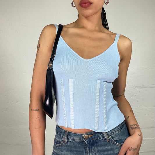 Vintage 2000's Soft Girl Baby Blue Jersey Cami Top with Floral Printed Stripes Details (S)
