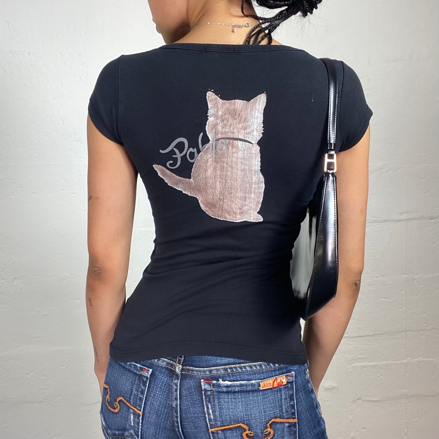 Vintage 2000's Cute Black Slim Fit Micro Sleeves T-Shirt with Cat Picture Print (S)