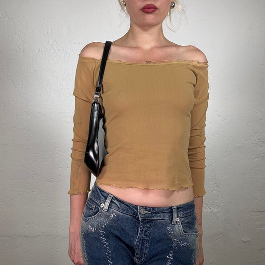 Vintage 2000's Downtown Girl Beige Mesh Off Shoulder Longsleeve Top (S)