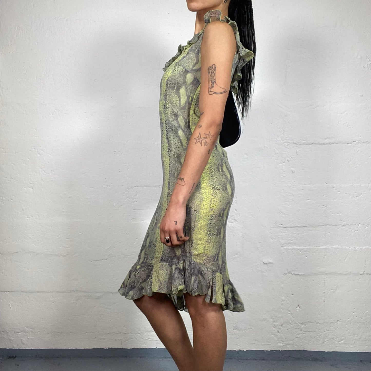 Vintage 2000's Summer Lime Green and Grey Snake Skin Asymmetric Trim Ruffled Chiffon Dress (S)