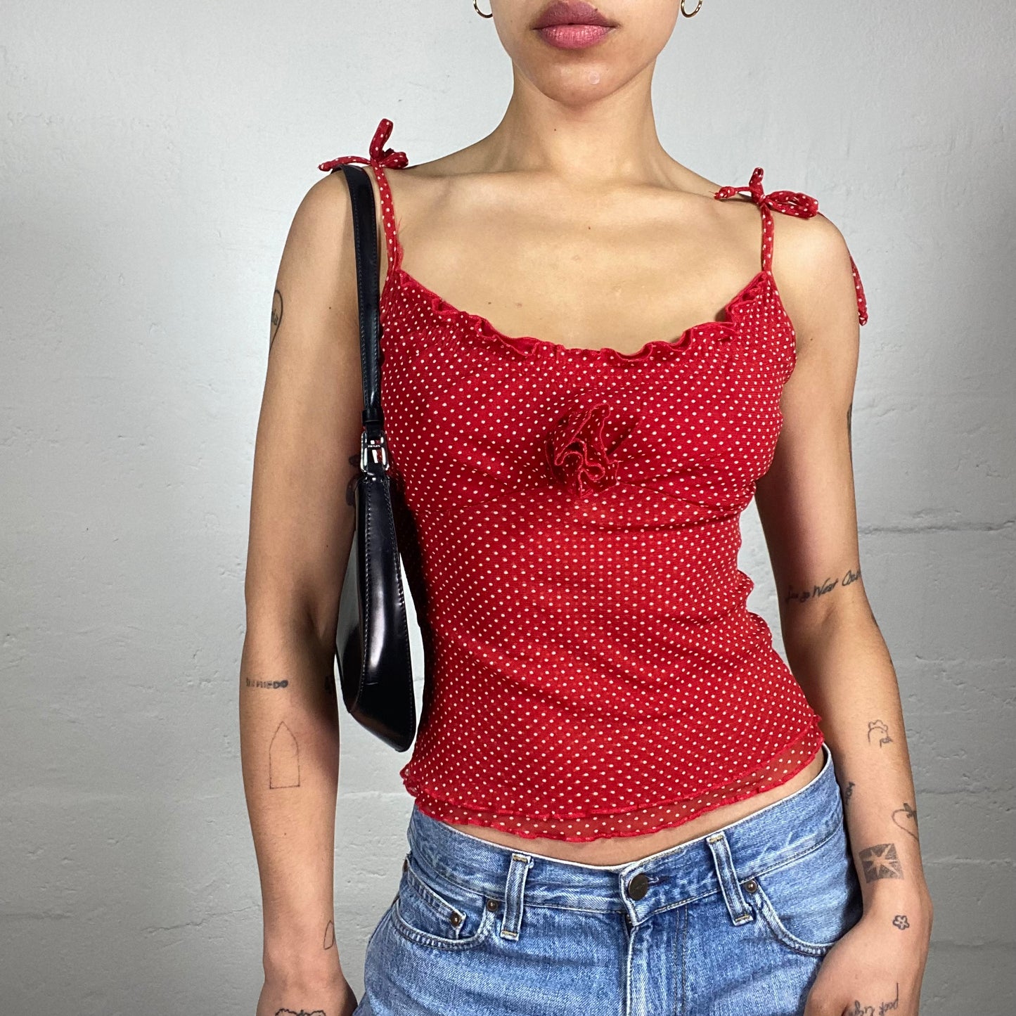 Vintage 2000's Romantic Red Chiffon Cami Too with White Polka Dot Print and Rose Detail (S)