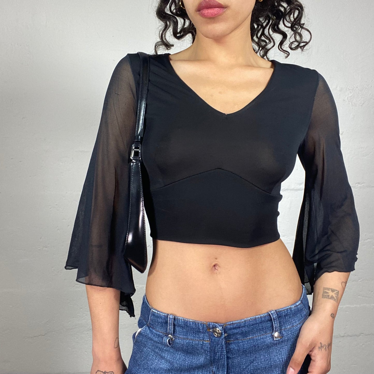 Vintage 2000's Black Cropped Chiffon V-Chest Cut Top with 2/4 Flared Sleeves and Back Ribbon Detail (S)