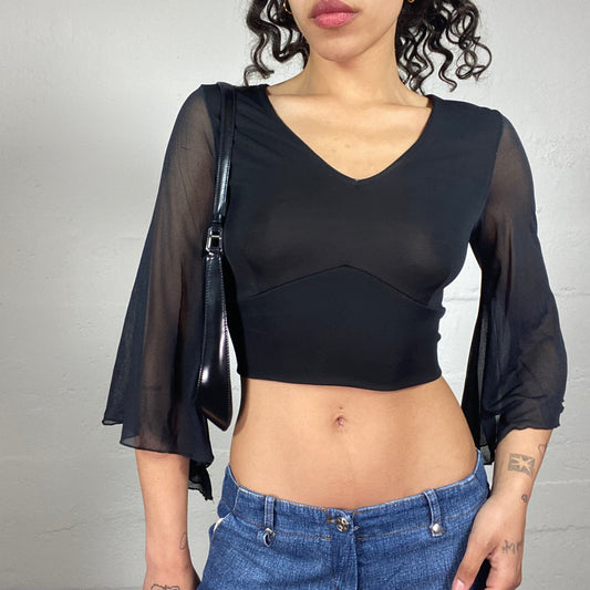 Vintage 2000's Black Cropped Chiffon V-Chest Cut Top with 2/4 Flared Sleeves and Back Ribbon Detail (S)