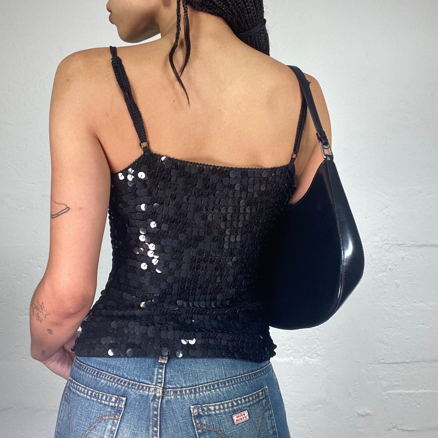 Vintage 2000's Clubwear Black Disco Sequin Covered Cami Top (L)