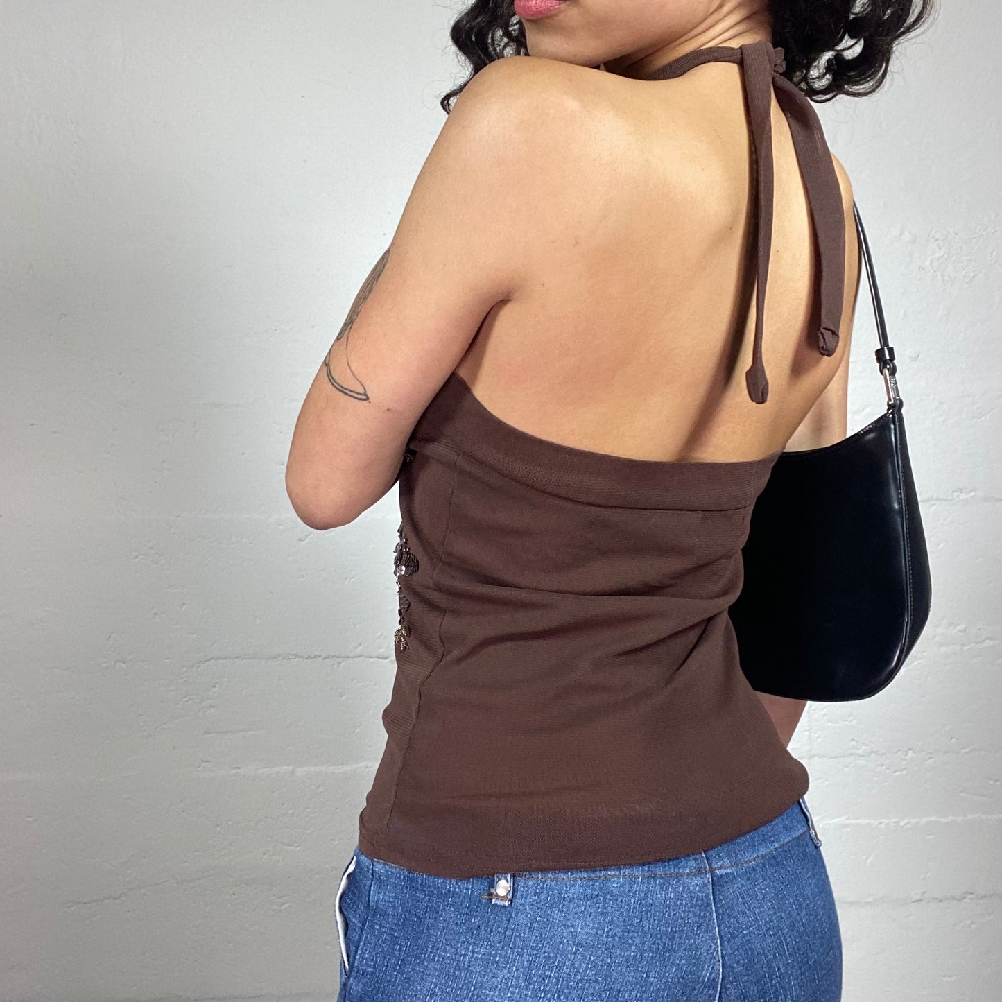 Vintage 2000's Summer Date Brown Jersey Neckholder Top with Multiple Floral Sequins Embroidery (XL/XXL)
